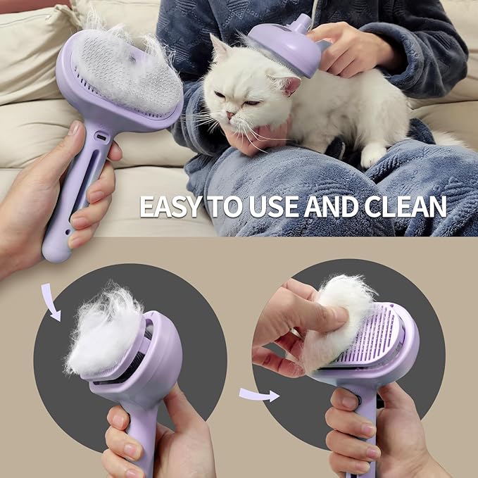 Pecait 3-in-1 Self-Cleaning Brush for Shedding Dogs and Cats - Removes Static, Tangles, and Loose Hair (Purple)