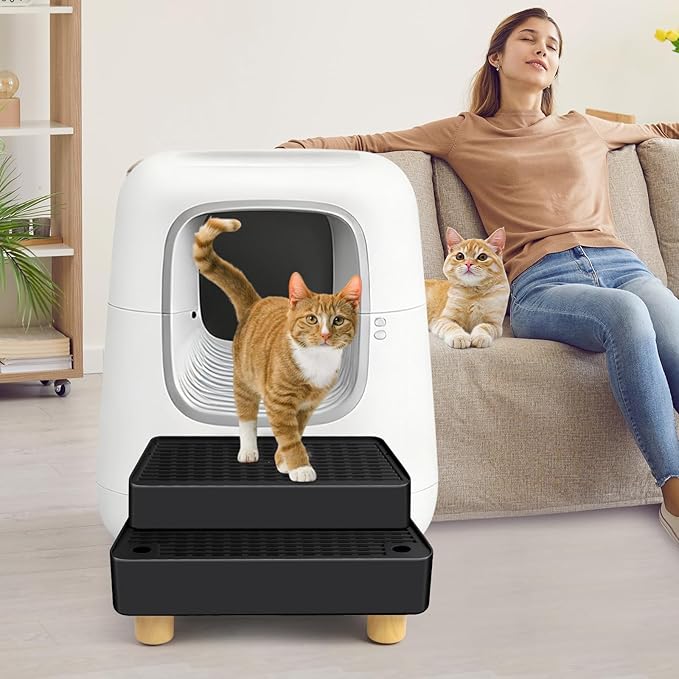 Extra Large 2 Steps Cat Litter Box Step Ramp, Cat Litter Catcher Mat with Wooden Feet, Filter Function, Cat's Pedal Stool for Self-Cleaning Litter, Suitable Kitten & Elderly Cats (Black)