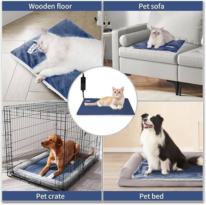 Rest-Eazzzy Pet Heating Pad Indoor, Dog Heating Pad Mat with Removable Cover, 5 Level Timer 5 Level Temperature, Electric Pet Warming Mat for Cat Dog Automatic Power-Off (Heat pad, Pure-Blue)