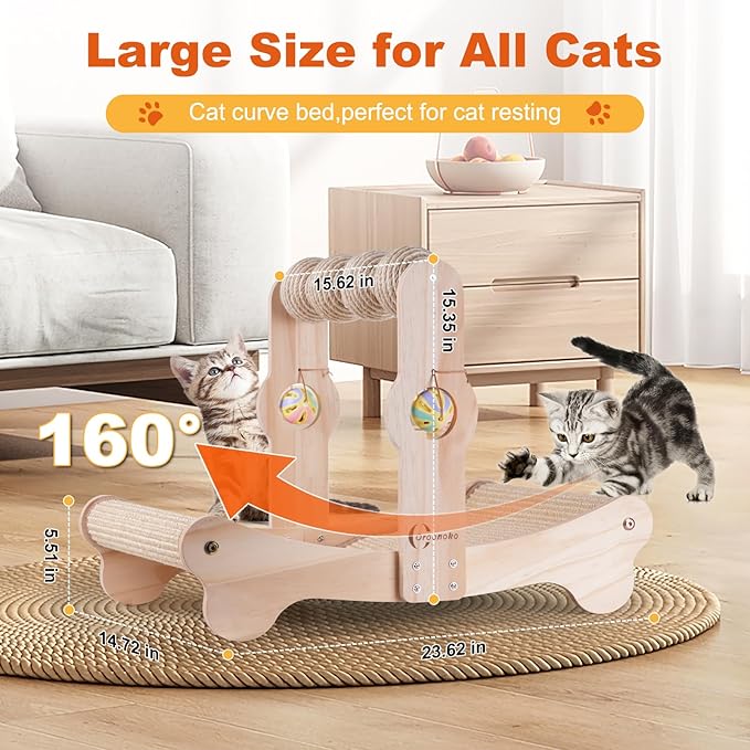Oroonoko 4-in-1 Cat Scratcher Bed with Scratching Balls & Bells, Large Sisal Scratching Bed, Cat Scratches Bed for Indoor Cats, Anti-Tip Wood Base, Cat Bed & Scratch Pad for Large Cats up to 50 lbs