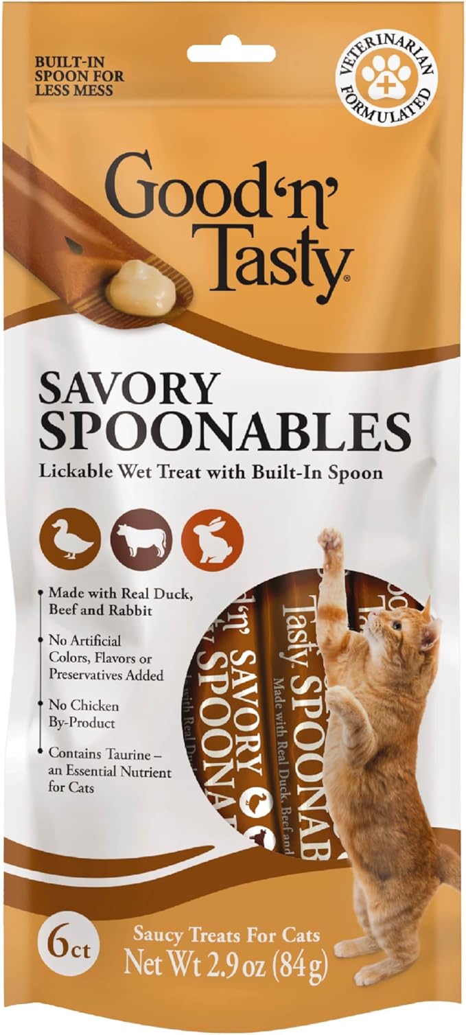 Good ‘n’ Tasty Savory Spoonables with Real Duck, Beef & Rabbit, 6 Count Tube, Triple Flavor Squeezable Lickable Wet Treats for Cats with Built-in Spoon for Less Mess