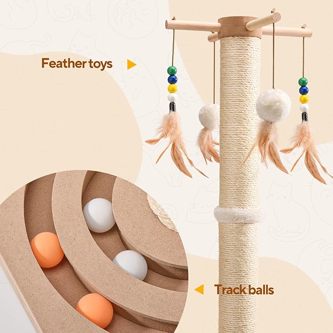 25 Inches Cat Scratching Post with Interactive Toys, Sisal Cat Scratch Post with Sturdy Ball Track Base for Indoor Cats and Kittens