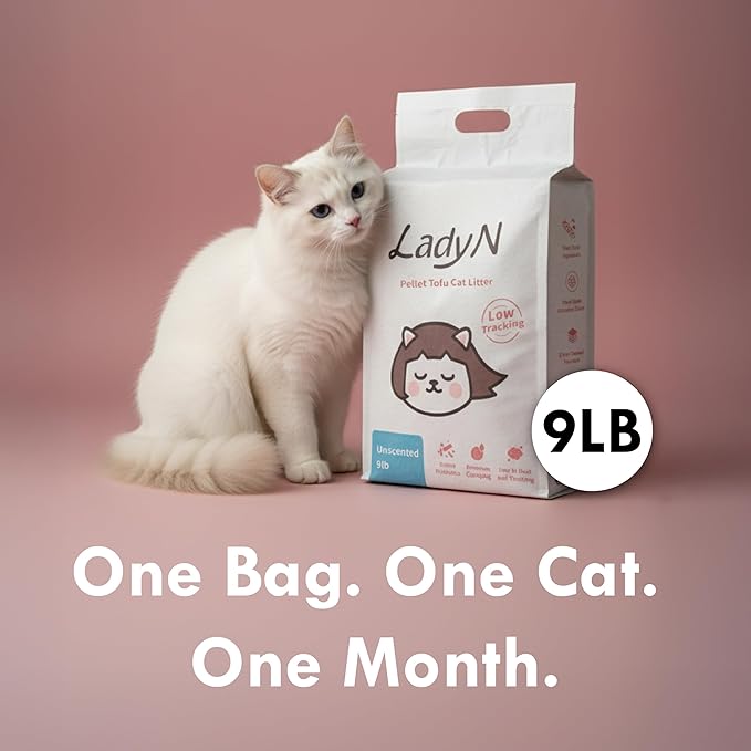 Lady N Pellet Tofu Cat Litter, Strong Clumping Ultra Absorbent, Dust-Free Low Tracking, Enviro-probiotic and Activated Carbon for Odor Control 9lb (1 Pack Unscented)