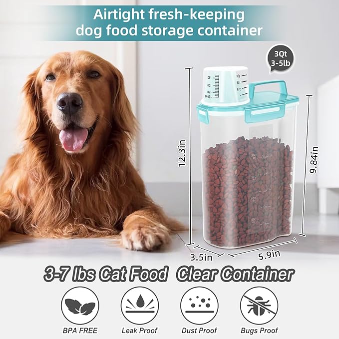 3-5Lbs Airtight Small Cat Dog Pet Food Storage Containers BPA Free, with Large Pour Spout/1 Measuring Cup/ 4 Safety Locks and Double-layer Silicone Strip (Clear Blue 2Pack)