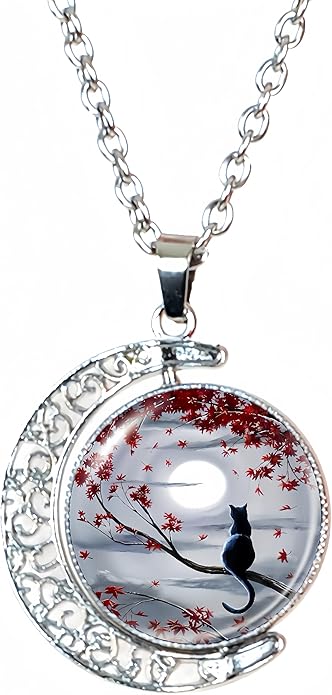 DEQIYIJI Cat Gifts Cute Black Cat Moon Pendant Necklace Jewelry For Women Cat Lovers Stuff