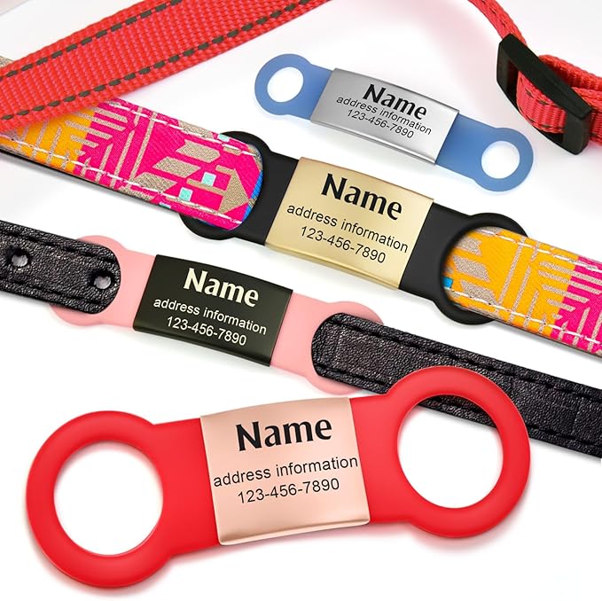 Slide-On Silent Dog Tags Engraved for Pets Personalized - Custom Silicone Stainless Steel ID Name Tags for Cats and Dogs - Soundless Quiet Badge for Collar - Kitten and Puppy Essentials (Large)