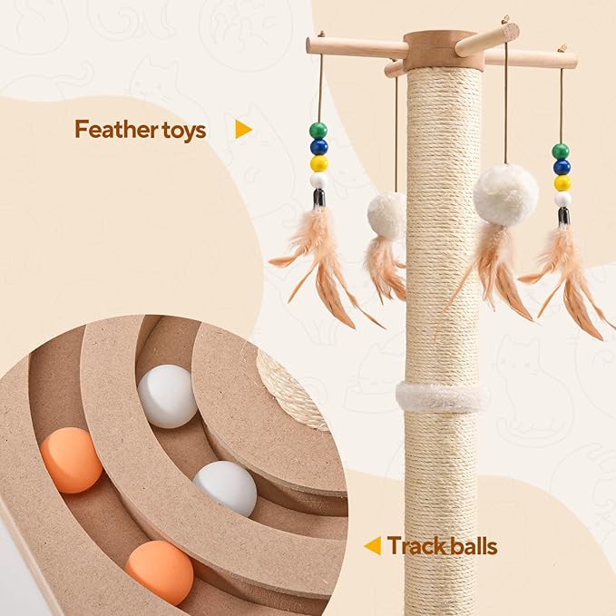 Sisal Cat Scratch Post with Sturdy Ball Track Base for Indoor Cats and Kittens, 25 Inches Cat Scratching Post with Interactive Toys