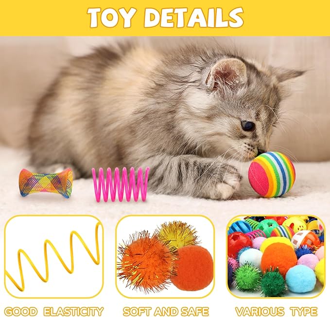 QUOZUO Kitten Toys, 60PCS Cat Balls Springs Toy Set, Cat Mouse Toy, Kitten Sparkle Crinkle Balls Furry Soft Pom Pom