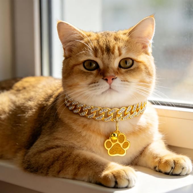 EXPAWLORER Cat Collar Chain,Diamond Gold Glitter Collar Walking Metal with Secure Buckle Link Cuban Pet Rhinestones Necklace Accessories with Paw Charm and Bell for Cats Dogs Kittens (10 Inch,Gold)