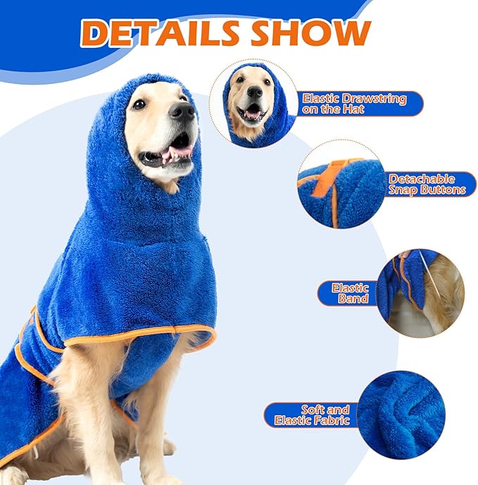 EXPAWLORER Soft Dog Bathrobe with Hood, Super Absorbent & Quick-Drying Dog Towels, Cozy Drying Coat for After Bath,Swimming, Blue XXL