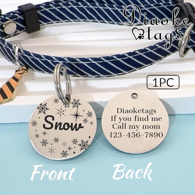 Stainless Steel Cat ID Tag Personalized Pet Tags with up to 4 Lines of Custom Text, Small Pet Mini Dog Cat Tag Lightweight, Engraved on Both Sides, Multiple Patterns Colors Size Options