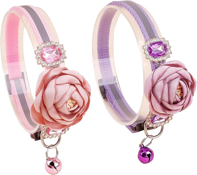 2 Pack Cat Collar Pink Floral with Bell and Removable Flower Bowtie Breakaway Adjustable Cat Collar for Girl Kitten Puppy Small Cats Dogs Daily Decoration (XQ9-4) (XQ9-5)
