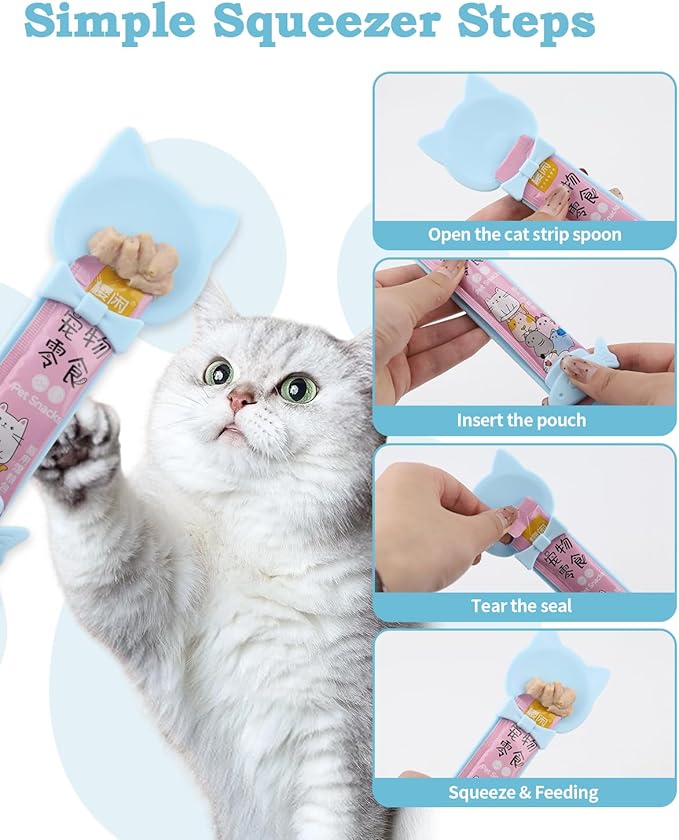6 PCS Cat Food Can Covers Set, Reusable Silicone Can Lids with Opener, Stainless Steel Wet Food Spoon & Cat Treat Squeezer for Pet Feeding and Storage, Fits Cats & Dogs (Blue)