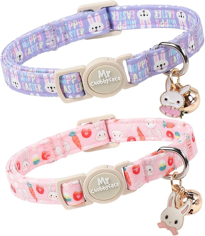 2 Pack Easter Cat Collar, Purple Rabbit& Pink Rabbit Pattern Kitten Breakaway Collar, Adjustable Cute Easter Collar with Bell&Pendent for Female Male Cat