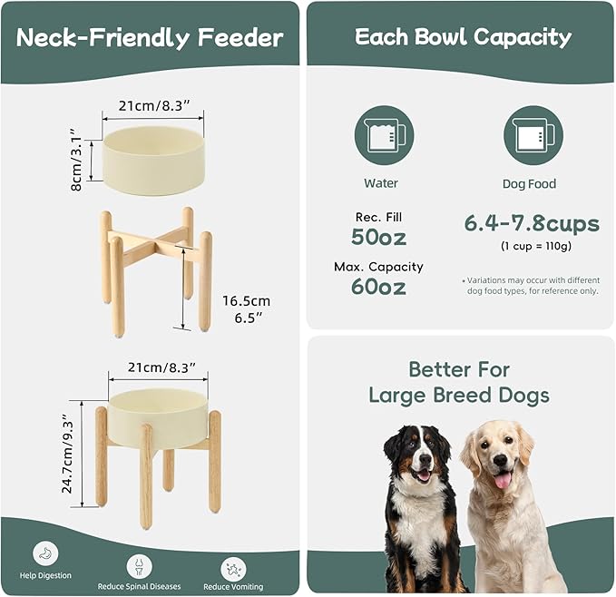 Ceramic 8.2inch Raised Dog Bowl with Stand for Large - Breed Dogs, Pet Food and Water Feeder(Single Bowl with Stand - Light Yellow)