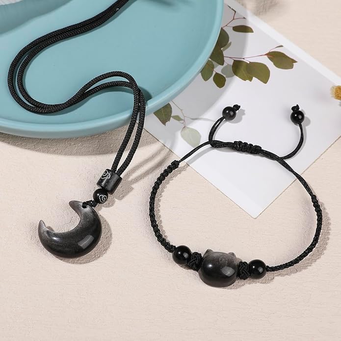 Black Obsidian Cat Bracelet and Moon Pendant Necklace Jewelry Set-Cat Lover Gifts,Wealth Attraction,Good Luck,Bead Bracelet,Mindfulness,Beaded Bracelets, Obsidian Pendant Necklace-Cute Gifts for Women