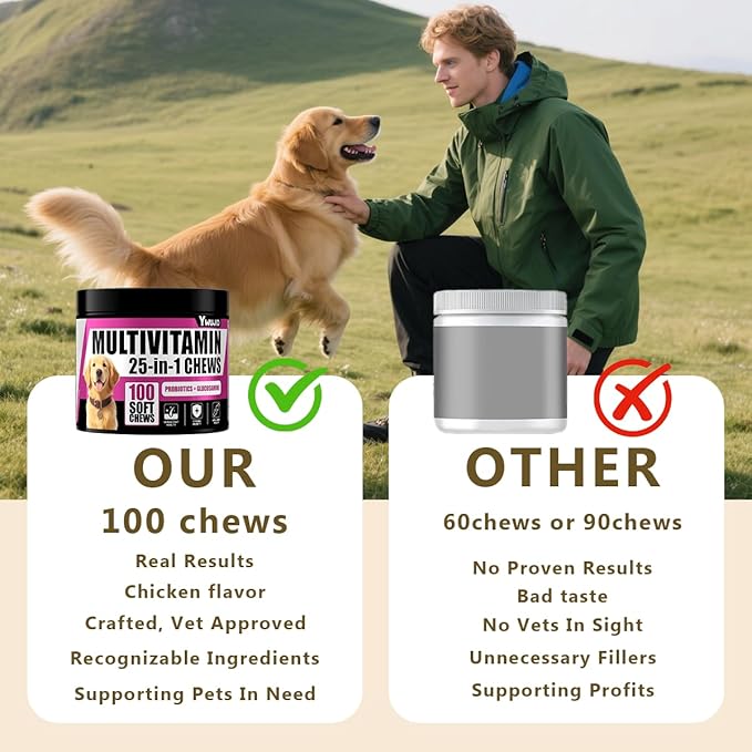 25-in-1 Dog Multivitamin Chewable with Probiotics,Dog Vitamins and Supplements Hip & Joints,Pets Immune Support,Skin,Coat,Heart,Gut Health Omega 3,Glucosamine for All Breeds Puppy,Adult & Senior Dogs