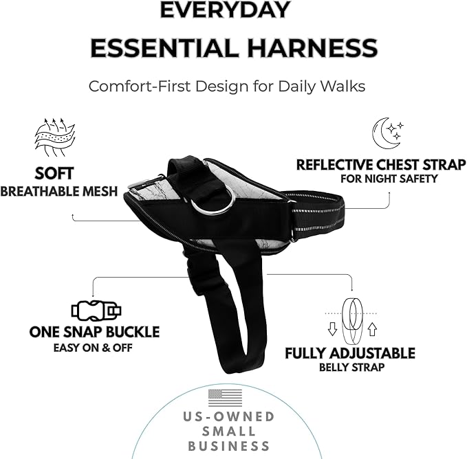 ShawnCo Essential Dog Harness, No-Pull Pet Vest with 3 Leash Clips, No Choke, Reflective, Adjustable and Padded, for Easy Walking and Training for Small, Medium and Large Dogs (White Marble, L)