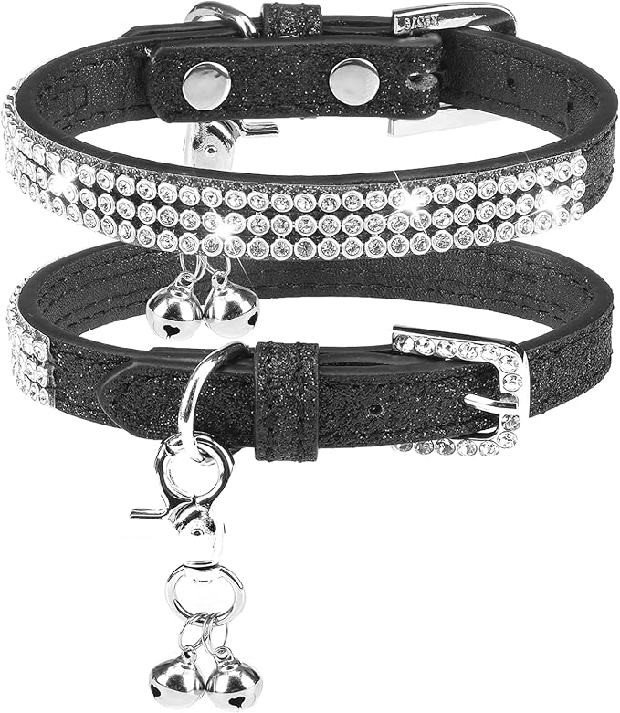 PUPTECK Basic Adjustable Cat Collar with Bling Diamond and Double Bells, for Kitten and Small Puppy, Fashion and Shining Dog Rhinestone Collars, 8-10in, Black