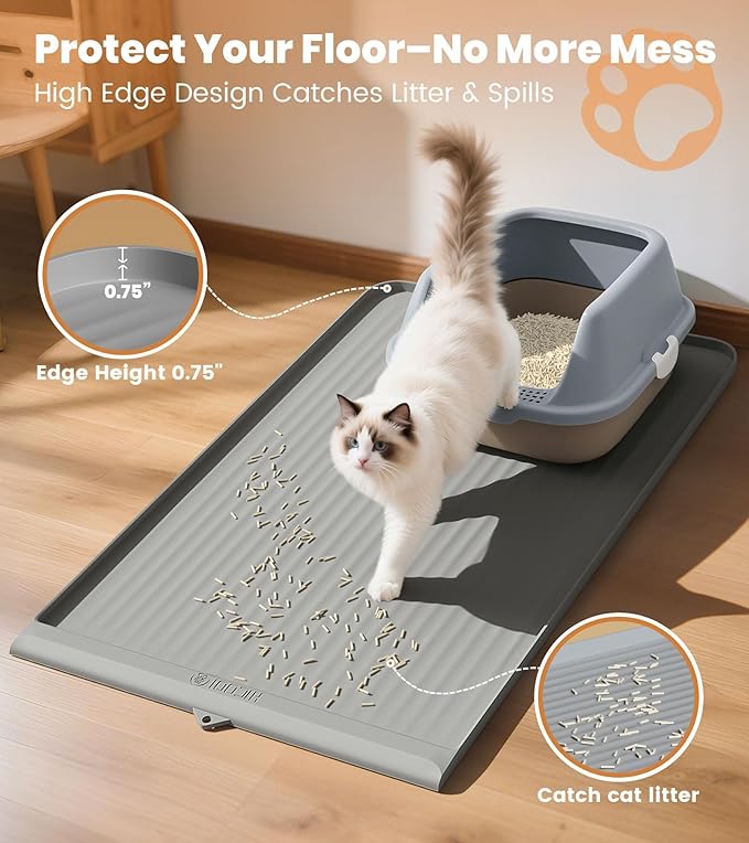 Cat Litter Mat 36x24 Inch, Silicone Litter Box Mat with Raised Edge and Diversion Groove, Waterproof Litter Trapping Mat, Easy to Clean Cat Mat for Litter Box, Grey