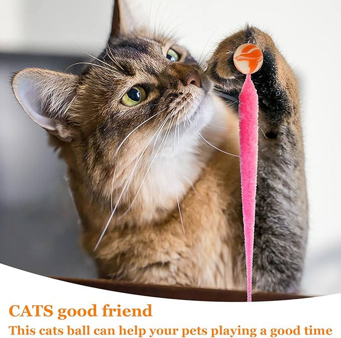 SHENGSEN Mixed Bouncy Ball with Tail Cat Toys-5 Packs,Rainbow Magic Worm with Ball Toy for Cats,Colorful Fuzzy Worm Bouncy Balls Cat Toy