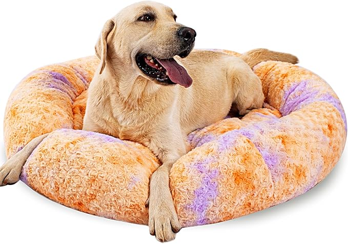 Calming Dog Bed for Big Dogs, 39'' Round Anti-Anxiety Warm Fluffy Plush Faux Fur Bed, Soft Anti-Slip Donut Washable Big Pet Bed, Cozy Big Dogs Bed, Fits up to 100 lbs Pets
