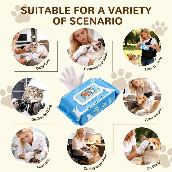 Pet Glove Wipes for Dogs&Cats,Rinse-Free Dog Cleaning Gloves,Thickened Pet Wipes for Quick Cleaning and Deodorization Suitable for Cleaning Paws, Face and Whole Body, and Daily Care,20 Count