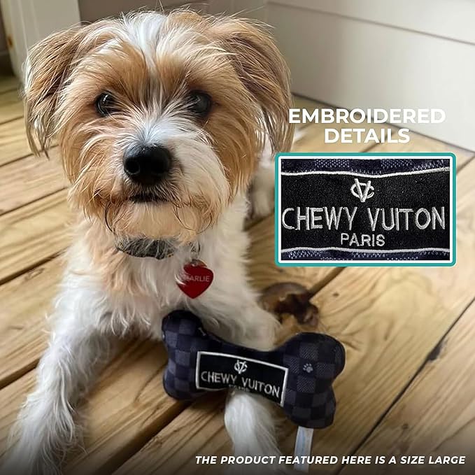 Haute Diggity Dog Black Checker Chewy Vuiton Bone, Plush Designer Dog Toys with Interactive Squeaker, Stimulating Pet Enrichment, Machine-Washable & Safe Materials for All Breeds, Size Small