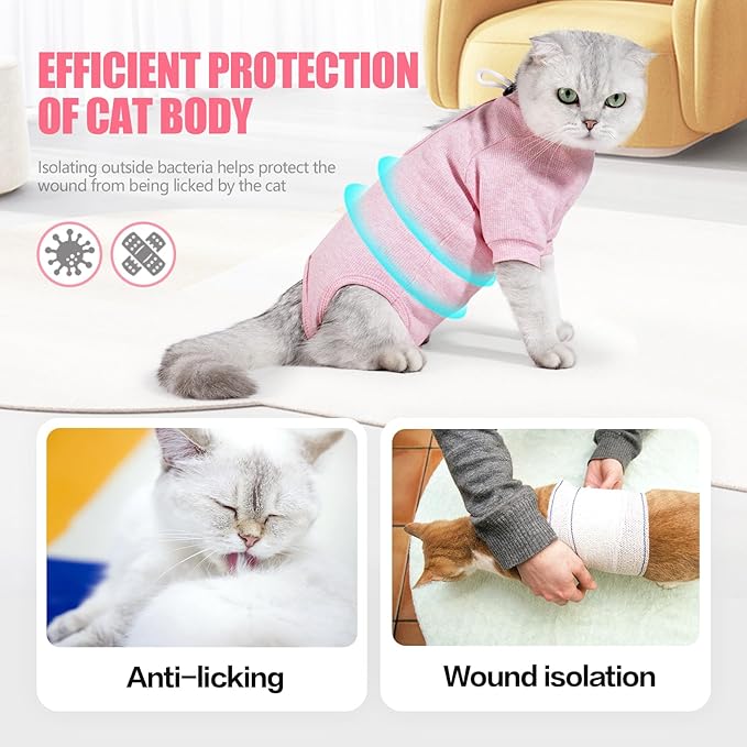 Cat Surgery Recovery Suit - E-Collar Alternative Anti-Licking Spay/Neuter Bodysuit, Soft Pet Surgical Pajamas for Cats, Abdominal Wound Onesie (Pink, Large)
