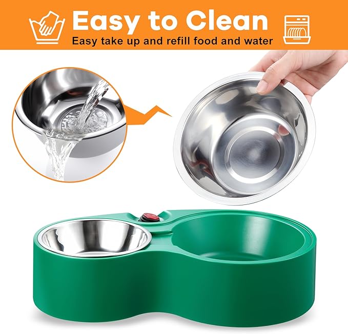 Heated Cat Bowl with Soft Indicator Light – Double Removable Stainless Steel Bowls, Freeze-Proof Water & Food, Overheat Protected, Chew-Resistant Cord, UL Listed