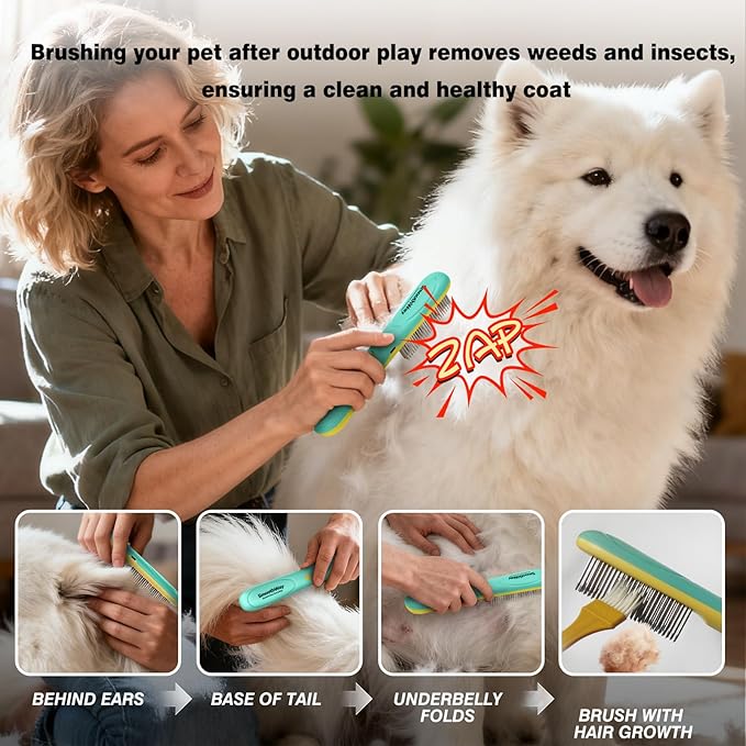 Professional 3-Row Tick & Flea Comb for Dogs & Cats - Stainless Steel Teeth with Negative Ion Anti-Static | Detangling Grooming Tool for Poodles, Shih Tzus & Long Haired Pets (One Size)