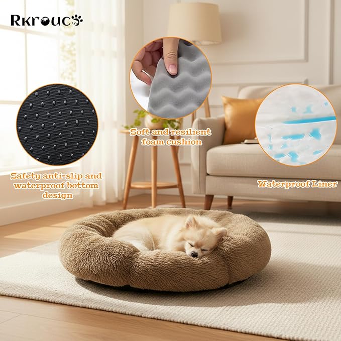 Fluffy Dog Bed Calming Donut Beds for Large Dogs Warming Round Small Medium Pet Nest Cozy Cat Mattress Indoor Washable Puppy Kennel Kittens Sleep Mat (M, 27.5×27.5 inch, Light Brown)
