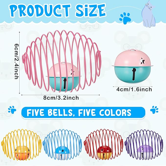 Jecery 5 Pcs Cat Spring Balls Toys Stretchable Rolling Balls Colorful Playful Coils Interactive Action Toy Caged Rats for Kitten Pet Supplies (Bell,Multicolor)
