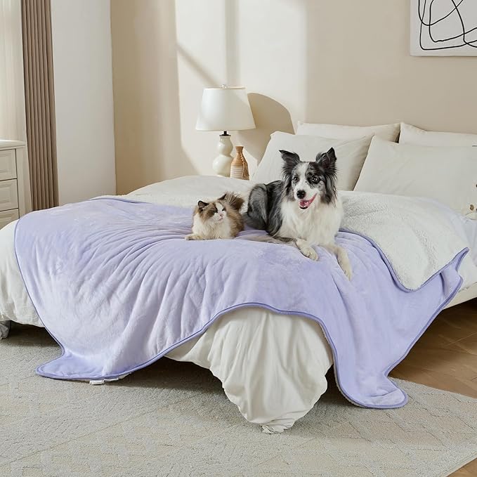 Waterproof Blanket for Bed Couch Sofa, Soft Liquid Pee Proof Pet Blanket for Dog Puppy Cat, Reversible Sherpa Fleece Furniture Protector (Lilac, 60x80 inches)