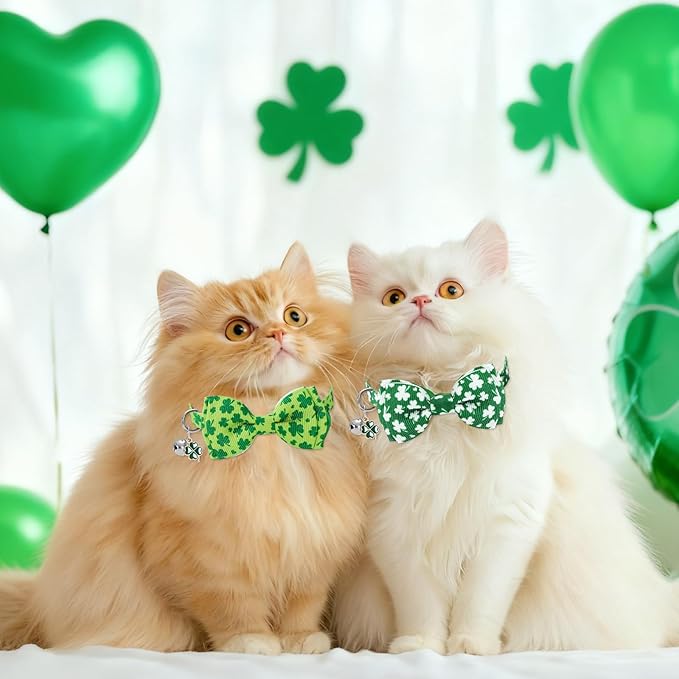 JarThenaAMCS 3 Pcs St. Patrick's Day Cat Collar with Breakaway Bell Bow Tie Green Shamrock Lucky Clover Adjustable Kitten Collars for Spring Irish Girl Boy Cats Small Pet Party