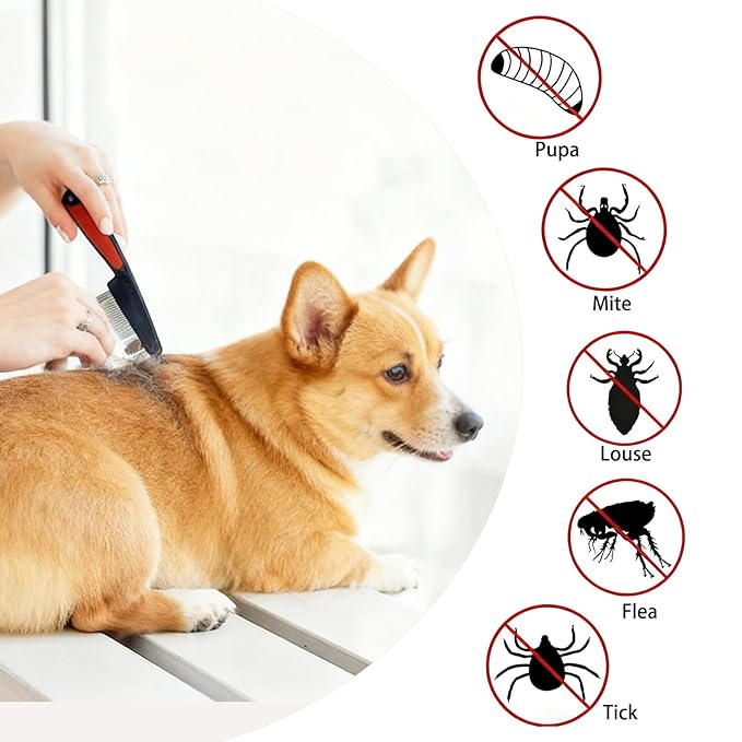 2PCS Pet Comb Flea Comb Set for Cats Dogs,Cleaning Massage Brush and Self-Cleaning Dog Combs for Removing Pet Hair, Knots & Loose Fur