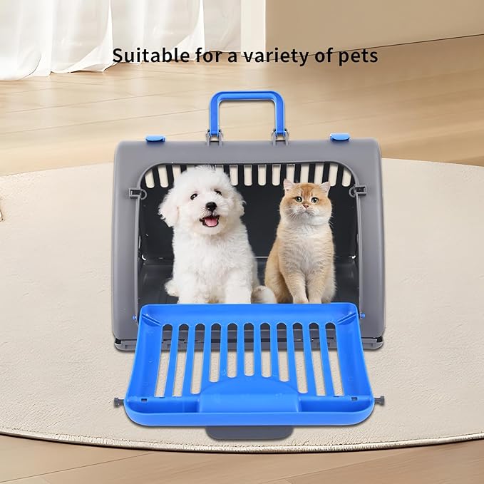 Foldable Travel Cat Carrier, Small Cat Carrier Hard Up to 25lbs, 18" Lx14.5 Wx14 H Front Open Type Plastic Cat Carriers, Blue