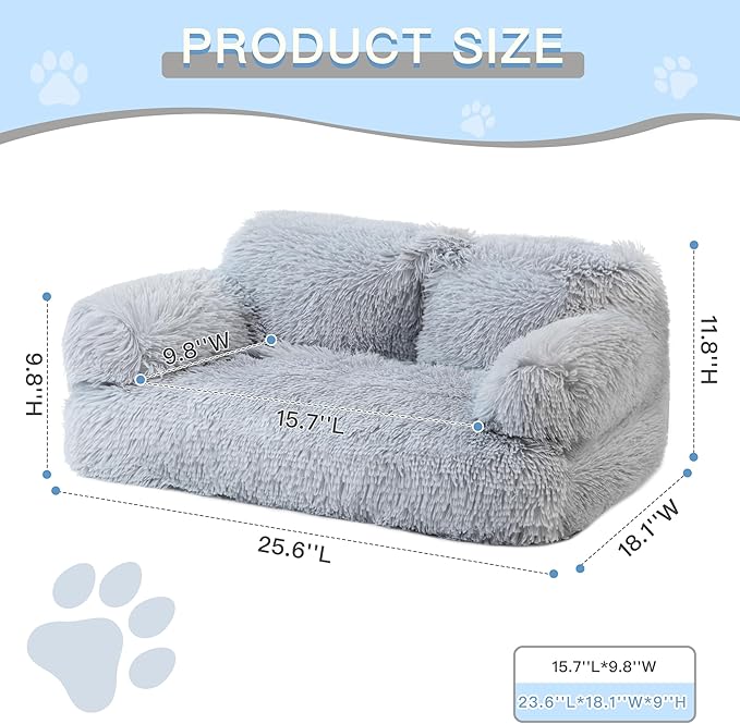 Plush Cat Couch Bed - Cat Bed for Indoor Cats, Dog Sofa Bed, Long Plush Calming Pet Couch with Removable Cover, Anti-Anxiety Pet Sofa for Small/Medium Pets (26×18×12in, Gray)