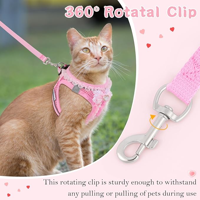 Cat Harness and Leash Set,Escape Proof Adjustable Kitten Harness with Cute Pink Bow,Breathable Reflective Strips Harness for Kitty Puppy Bunny for Walk Travel and Indoor Use (Pink, Small)