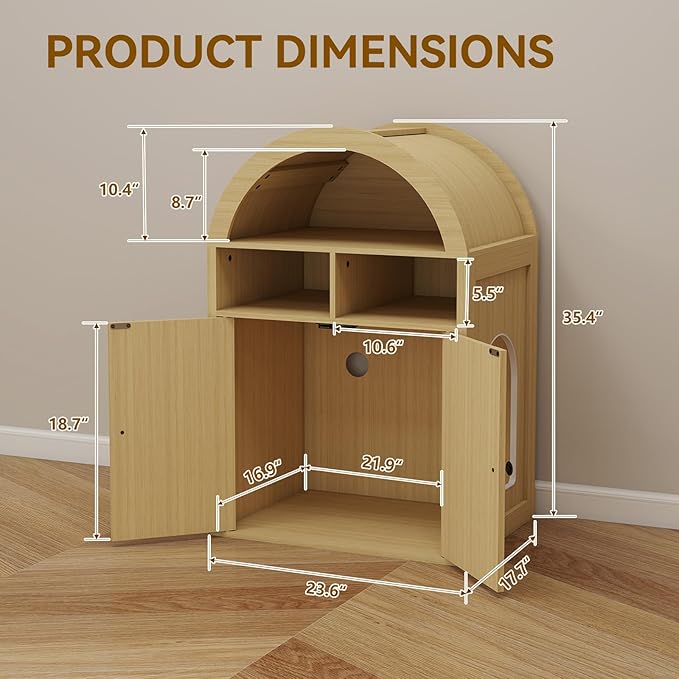 Arched Litter Box Enclosure, Cat Litter Box Furniture Hidden, Cat Washroom Bench Storage Cabinet with Double Doors and Open Shelf for Bedroom, Living Room