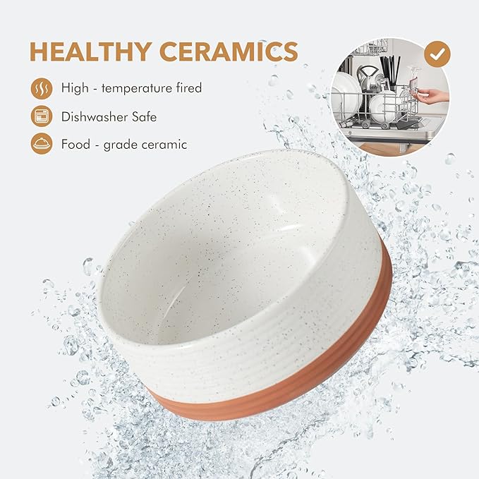 Ceramic 8.2inch Raised Dog Bowl Set, Elevated with Acacia Wood Stand, Food and Water Bowl for Large Breed Dogs, Weighted Pet Dishes(60oz, Vanilla White)