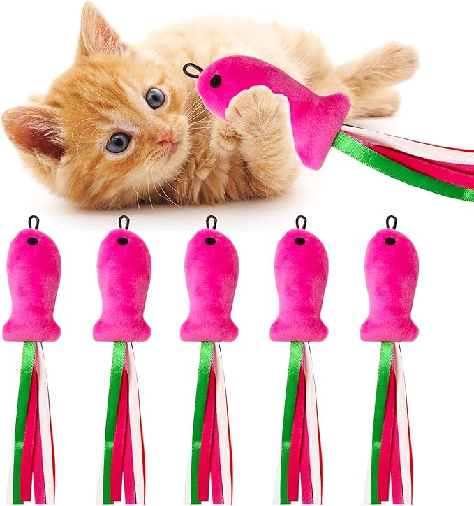 Cat Toys Catnip, 5PCS Floppy Fish Cat Toy Filled Soft Plush, Pink Flopping Fish Chew Kitten Toys, Catnip Wand Toy Attachment with Ribbons, Interactive Cat Toys for Indoor Cats Kitten Play Chew