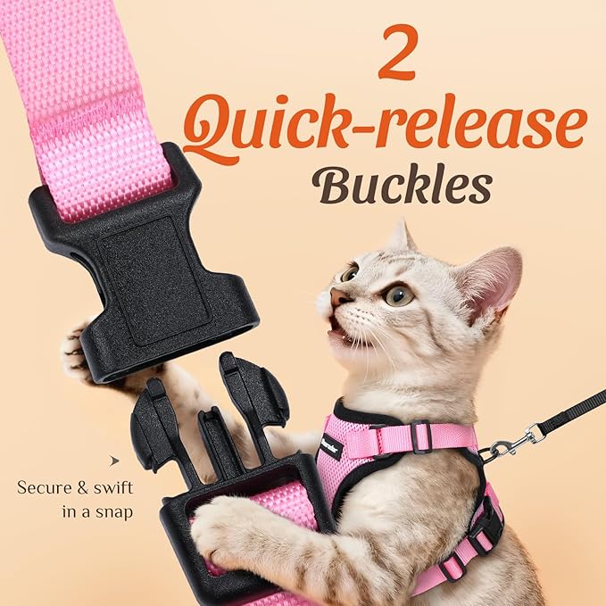 Dooradar Cat Harness and Leash Set, Escape Proof Safe Adjustable Kitten Vest Harnesses for Walking, Easy Control Soft Breathable Mesh Jacket with Reflective Strips for Cats, Pink, XXS