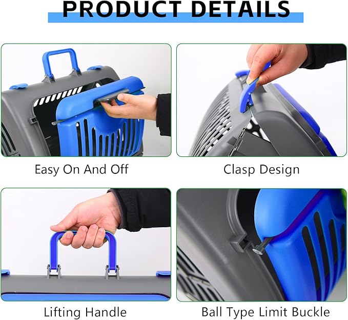 Foldable Travel Cat Carrier, Small Cat Carrier Hard Up to 25lbs, 18" Lx14.5 Wx14 H Front Open Type Plastic Cat Carriers, Blue