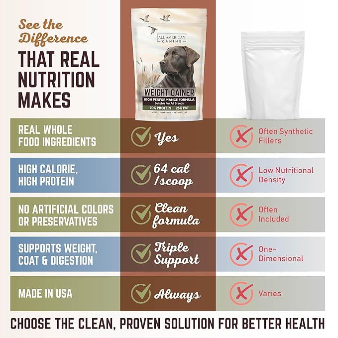 All American Canine Dog Weight Gainer – High Calorie Dog Food Supplement & Protein Powder for Rapid Weight Gain, Mass, and Recovery – Appetite Stimulant – 60 Servings