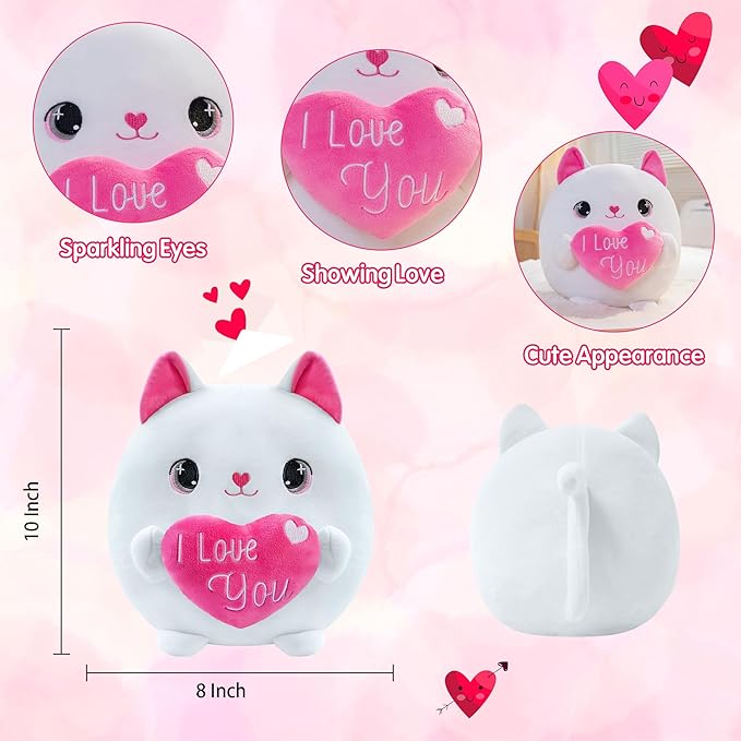 Cat Plush White Cat Stuffed Animal Toy Holding Heart with I Love You, Valentine Plush with Pink Heart for Mother's Day, Girlfriend Valentine Party Favor(White, 10 Inch)