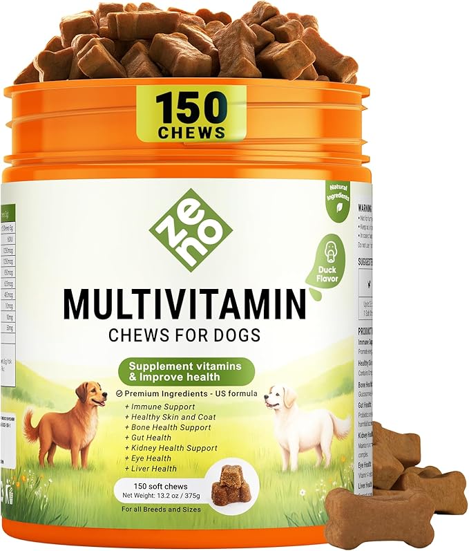 ZENO Dog Vitamins and Supplements - 150 Dog Multivitamin Chewable - Immune, Joint Support, Skin, Gut Health + Packed with Omega 3s, Glucosamine & Probiotics - Safe for Puppy - Duck