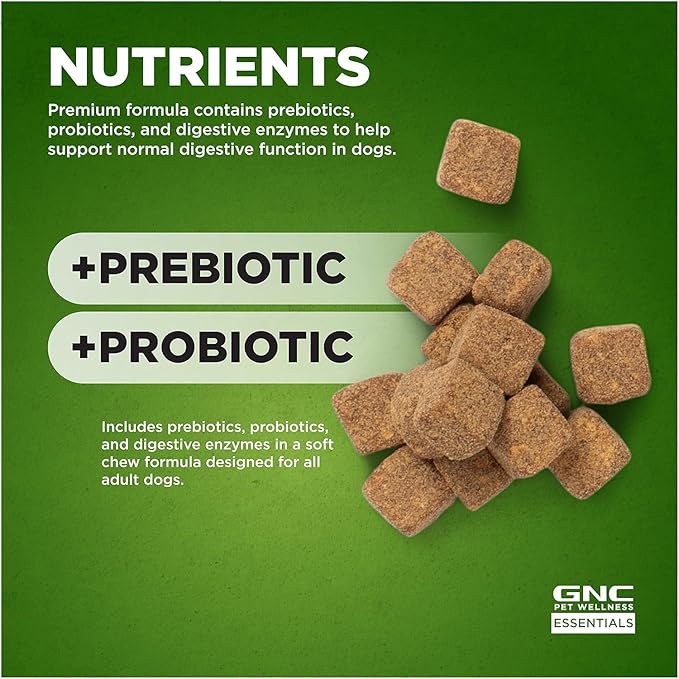 GNC Pets Essentials Dog Probiotic Soft Chews for Digestive Support, Bacon Flavor Daily Supplement with Prebiotics, Probiotics and Enzymes for Puppies and Adult Dogs in Reusable Jar, 60 Count - 3 Pack