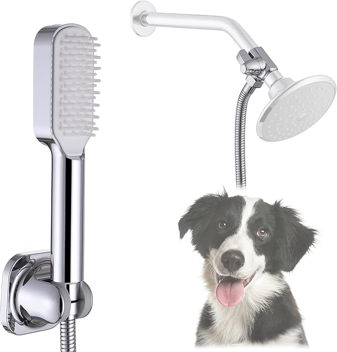 Dog Shower Attachment Kit with Handheld Sprayer – 8FT Flexible Stainless Steel Hose +Shower Arm Diverter – High Pressure Pet Bath Wand for Medium & Large Dogs, Long Thick Coat, Indoor All-Year Use