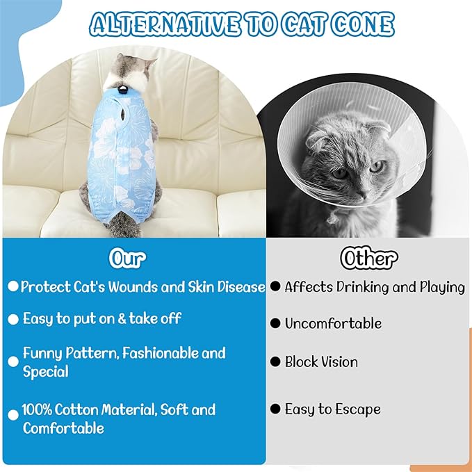 SlowTon Cat Recovery Suit - Cat Onesie for Cats After Surgery Female Male, Kitten Clothes Cats Surgical Spay Suit Abdominal Wounds, E-Collar Alternative Bodysuit Shirt Anti-Licking (Blue Flower,L)